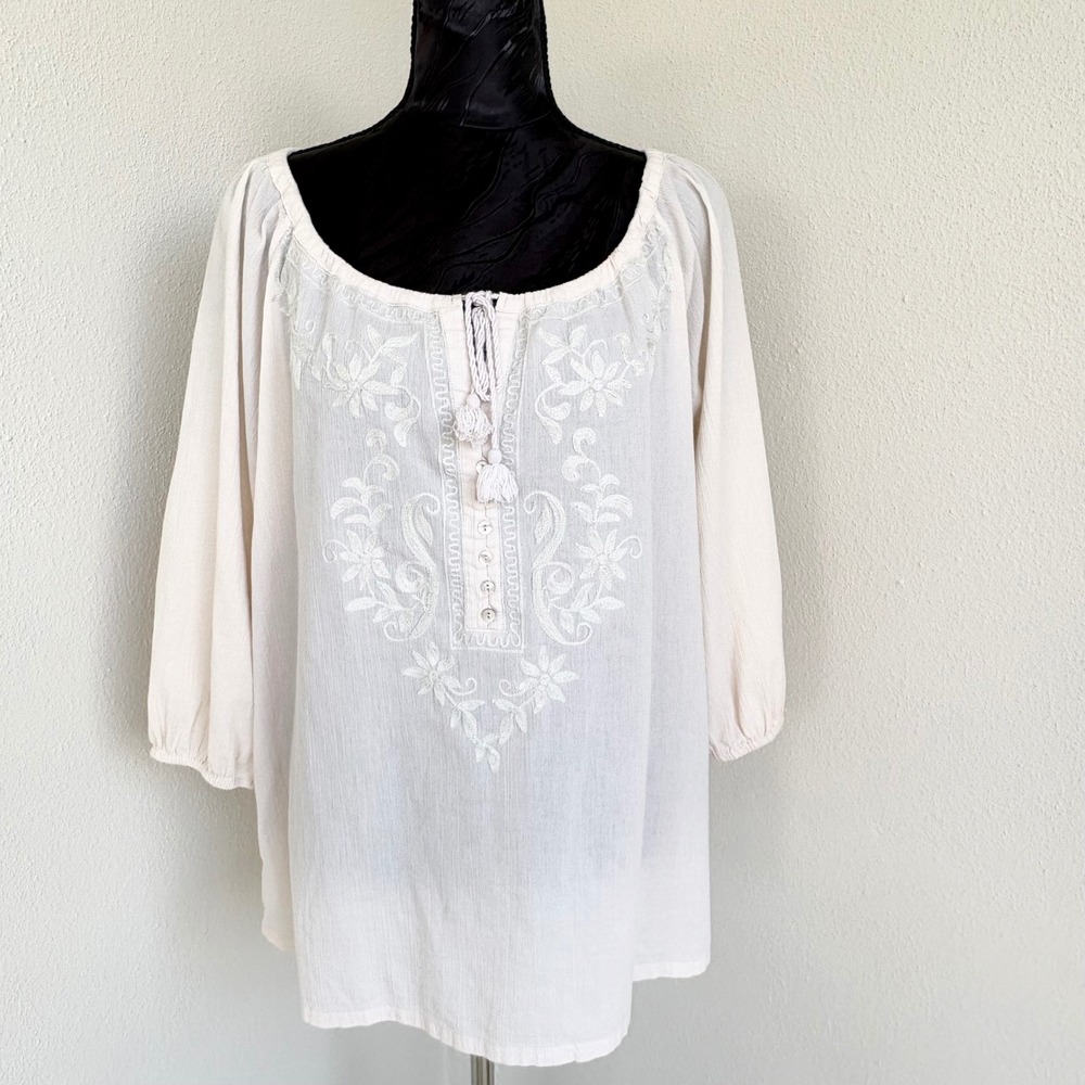 Tommy Bahama Embroidered Tassel Peasant Blouse Womens L White Bohemian
